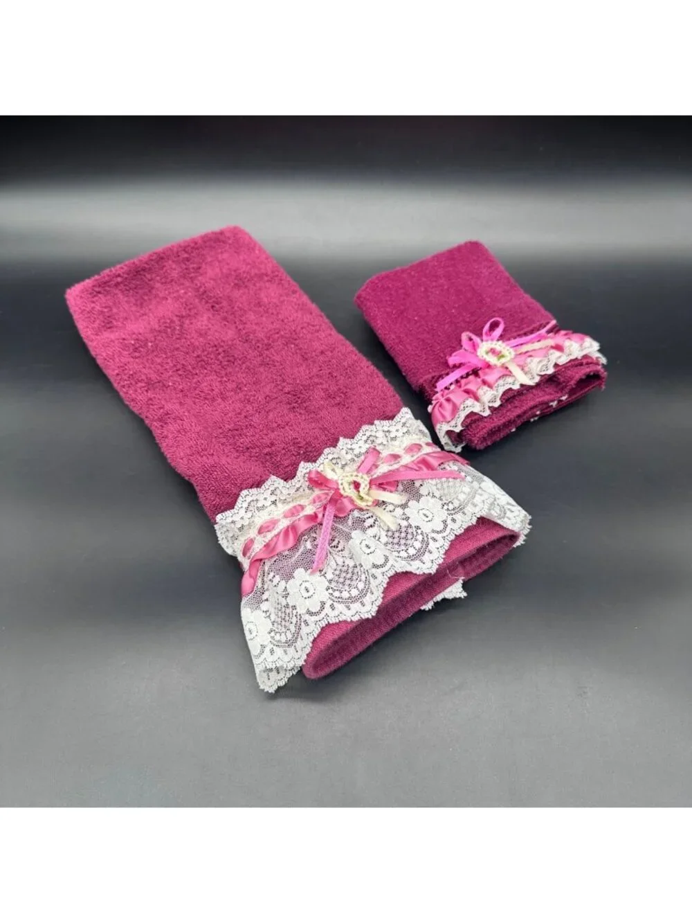 Vintage Maroon Hand Towel Washcloth Set Lace Pink Ribbon 90s Granny Cottagecore